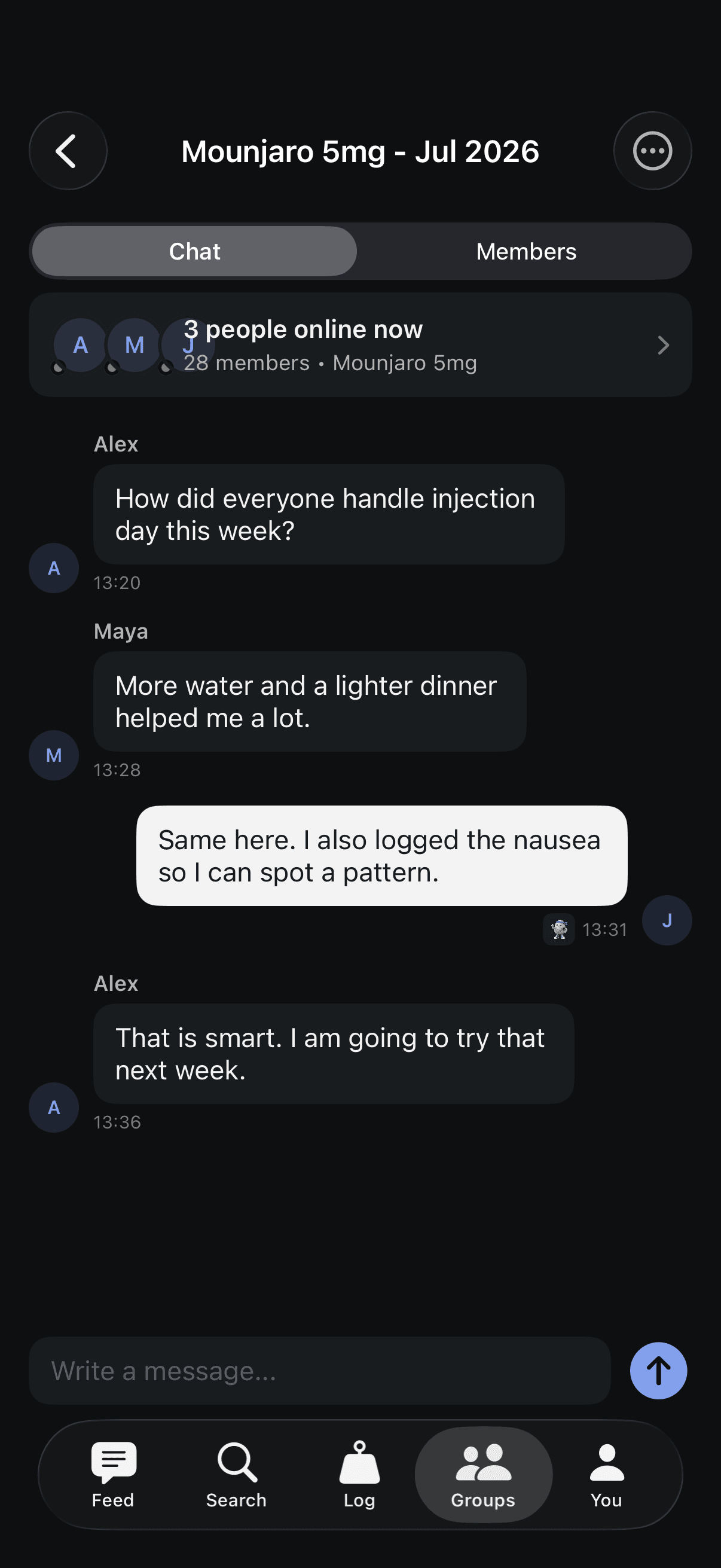 glpify Support Circles chat for a Mounjaro dose group