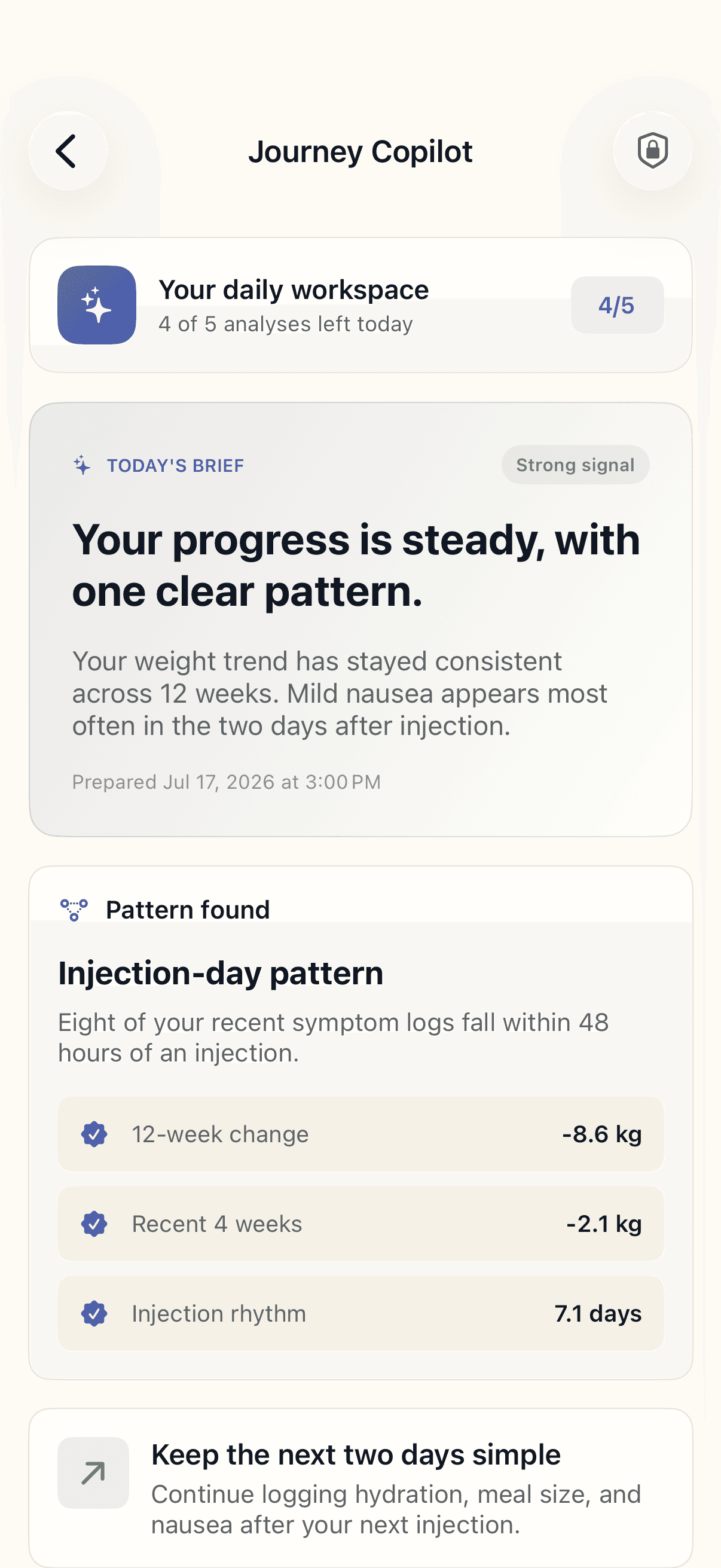 Journey Copilot daily brief and pattern insights